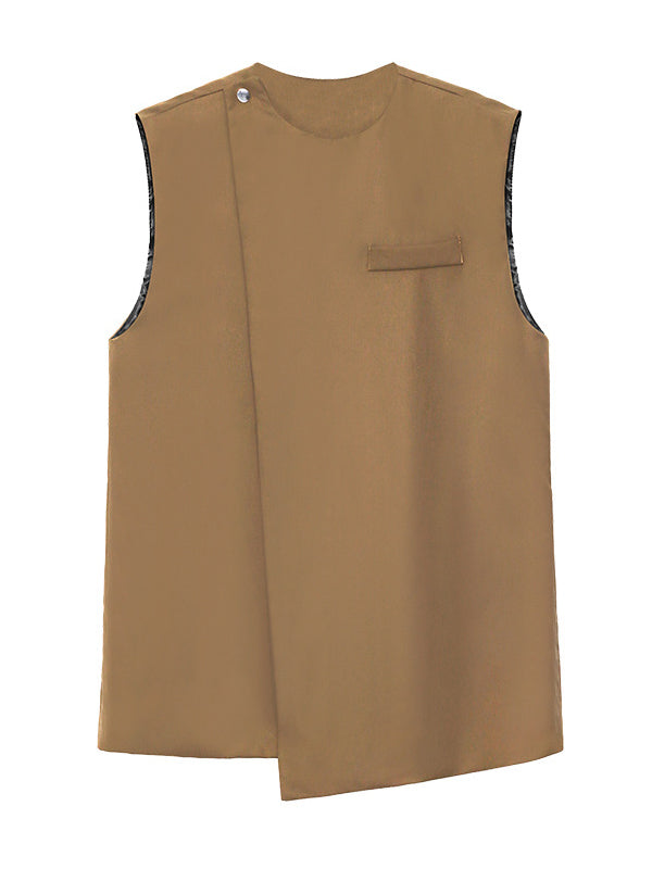 Urban Irregular Solid Color Buttoned Round-Neck Sleeveless Vest Outwear