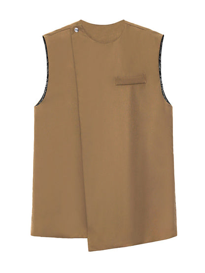 Urban Irregular Solid Color Buttoned Round-Neck Sleeveless Vest Outwear
