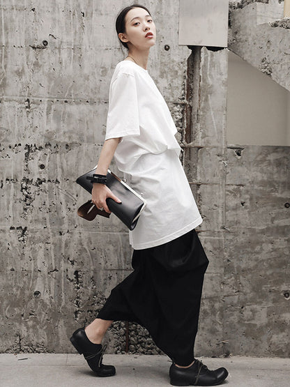 Simple Solid Color Asymmetric Pleated Short Sleeves Round-Neck T-Shirt