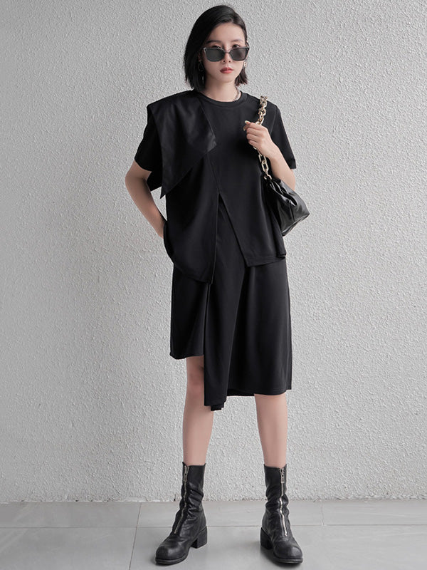 Stylish Black Split-Front Asymmetric Split-Joint Short Sleeves T-Shirts