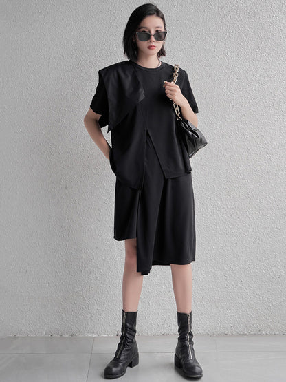 Stylish Black Split-Front Asymmetric Split-Joint Short Sleeves T-Shirts