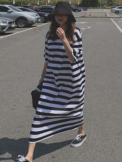 Loose Comfortable Simple Striped Long Dress