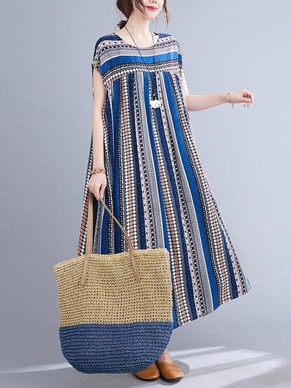 Casual Split-Joint Striped Round-Neck Short Sleeves Loose Midi Dress