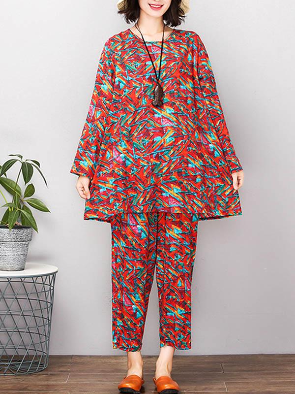 Red&Green Printed Round-neck T-shirt+Pants Suits