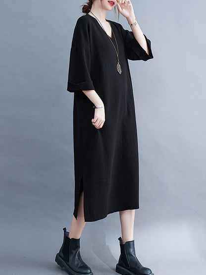 Urban Solid Color V-Neck Split-Side Knitting H-Line Sweater Dress