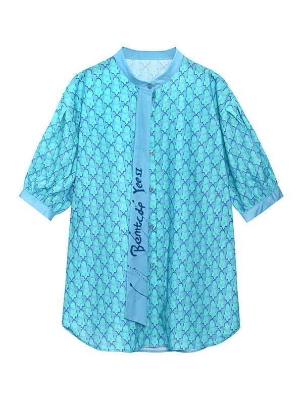 Stylish Split-Joint Printed Stand Collar Tie Short Sleeves Blouses