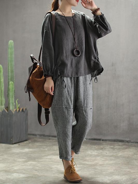 Vintage Split-joint Elasticity Ramie Cotton Harem Pants
