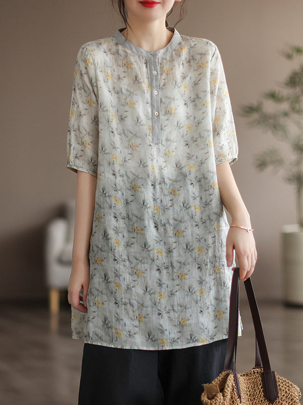 Vintage Half Sleeves Ramie Floral Printed Thin Round-Neck T-Shirt