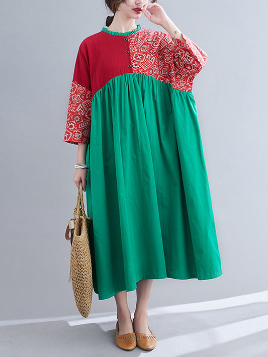 Vintage Contrast Color Buttoned Printed Round-Neck Batwing Sleeve Midi Dress
