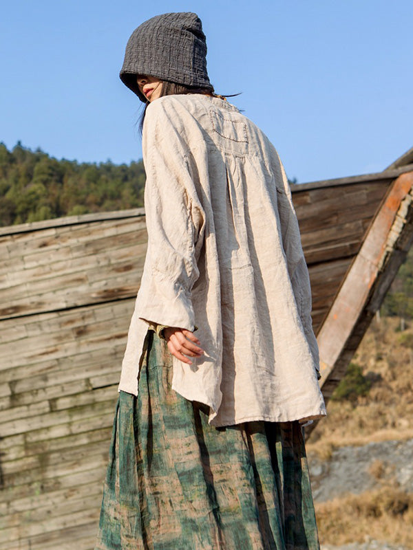 Artistic Retro Irregular Ramie Cotton Pleated V-Neck Long Sleeves T-Shirt