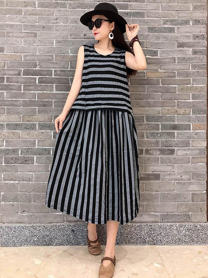 Striped Sleeveless Split-joint Dress