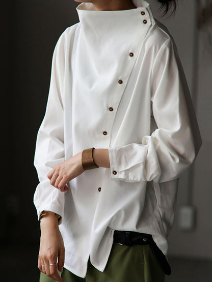 Loose Casual Solid Color Buttoned High-Neck Long Sleeves Blouse