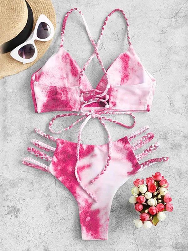 Tie-Dyed Bandage Backless Split Bikini Swimsuit