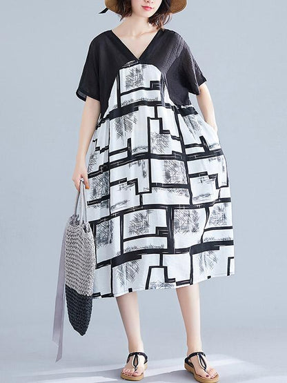 Cotton Linen Printed  V-neck Dress