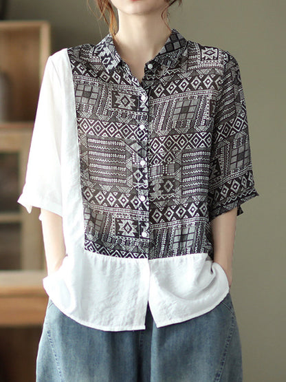 Original Printing Half Sleeve Lapel Blouse Tops