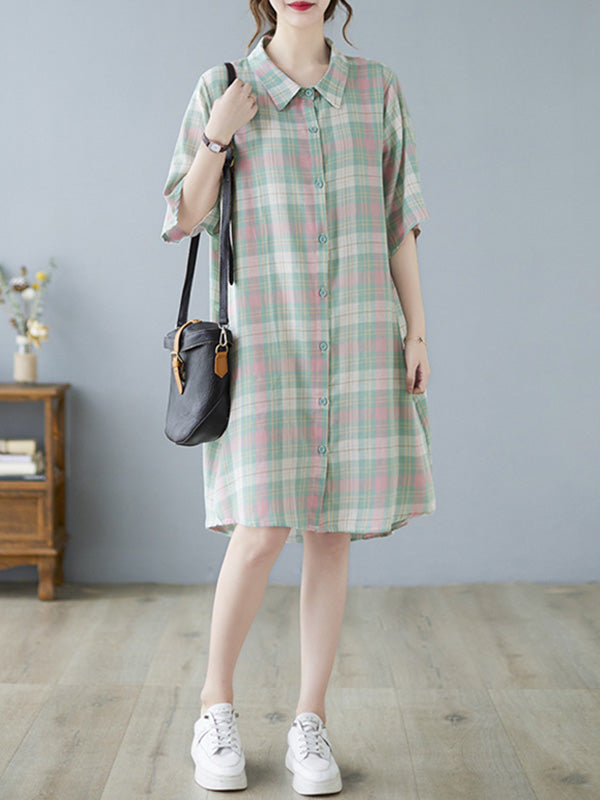 Urban Plaid Half Sleeve Lapel Shirt Dress