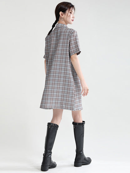 Urban Asymmetric Plaid Double Breasted Notched Collar Short Sleeves Mini Dress