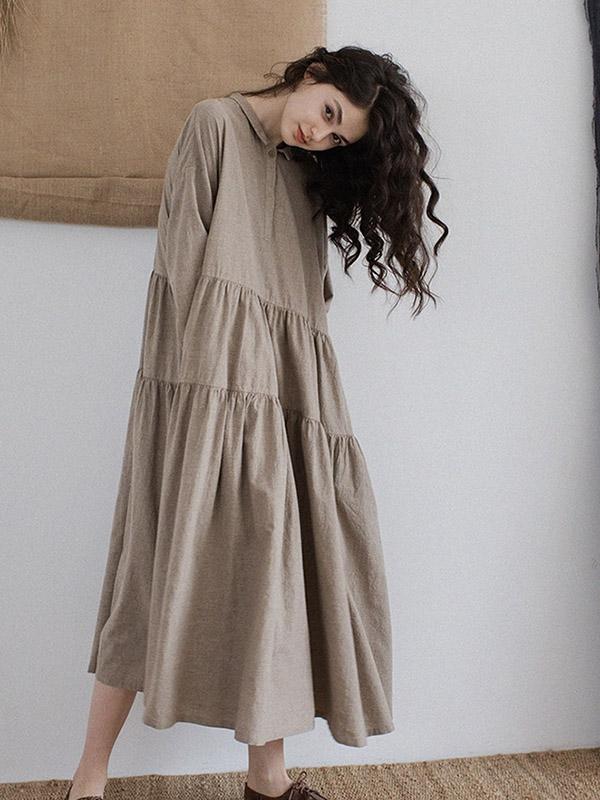 Vintage Split-joint Ruffled Lapel Long Linen Dress