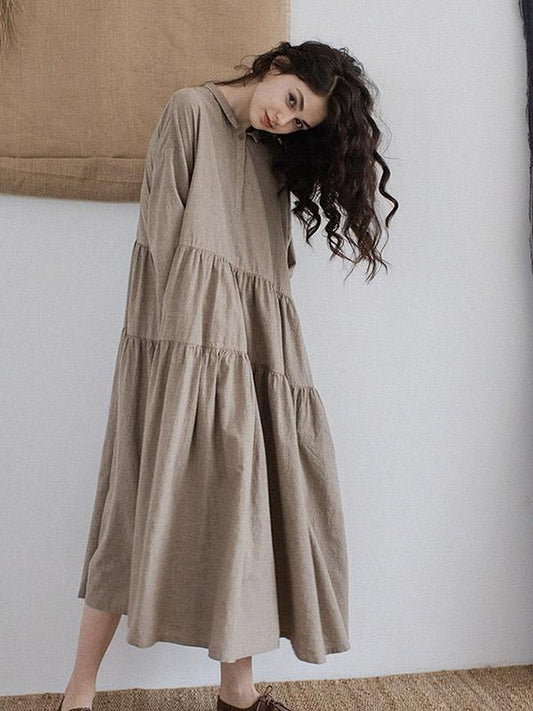Vintage Split-joint Ruffled Lapel Long Linen Dress