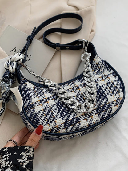 Original Chic Plaid With Chain&Scarf Zipper Canvas Shoulder Bag