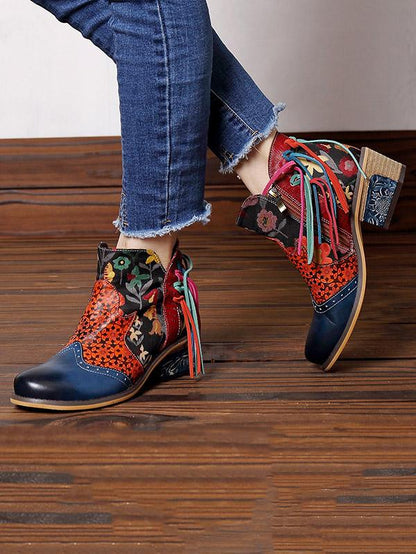 Printed Split-joint Tassels Zipper Booties