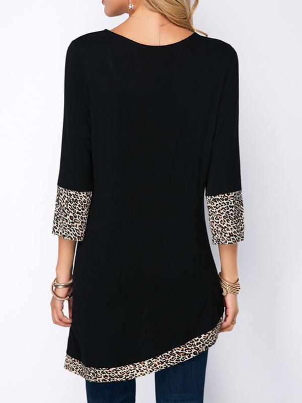 Round-Neck Leopard Printed Three Points Sleeves Blouse