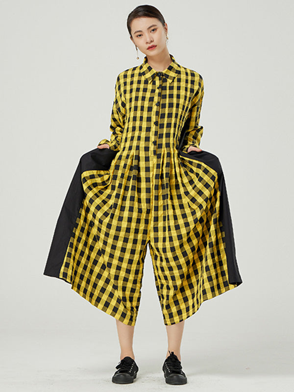 Casual Loose Long Sleeve Plaid Jumpsuits Bottoms