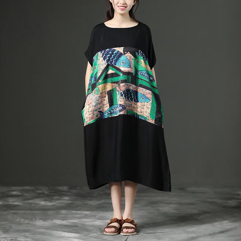 Black Printing Loose O-Neck Casual Dress