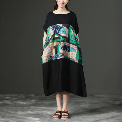 Black Printing Loose O-Neck Casual Dress