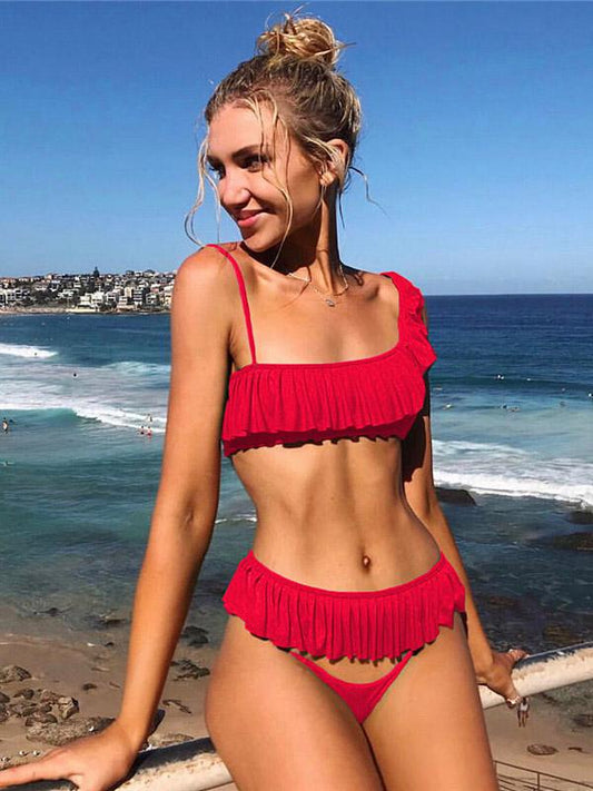 Ruffle Plain Strappy Bikini Swimsuit