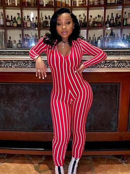 Striped V-neck Fitness Jumpsuits
