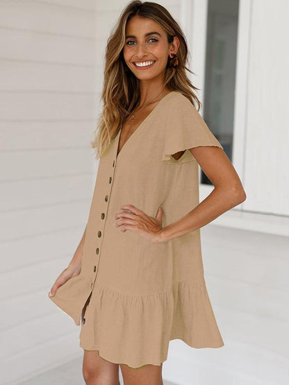 Simple Falbala Hem V-neck Mini Dress