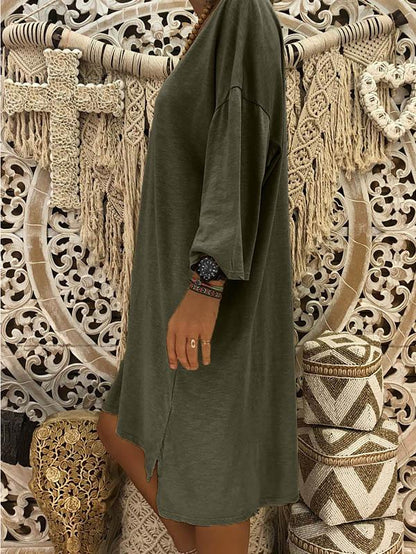 Solid V-neck Loose Midi Dress