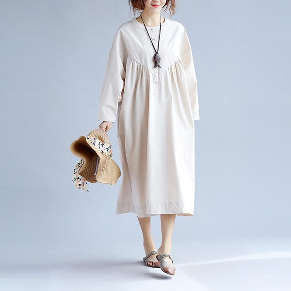 Cotton Khaki Casual Shoulder Sleeves Long Dresses