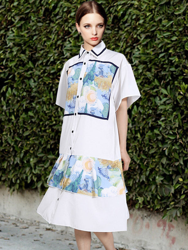 Original Floral Lapel Split-Joint Shirt Dress