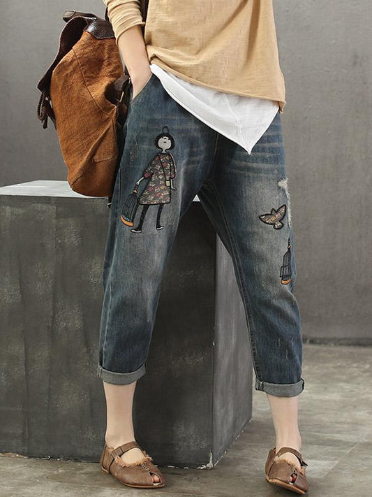 Embroidery Cartoon Shredded Jeans Pants