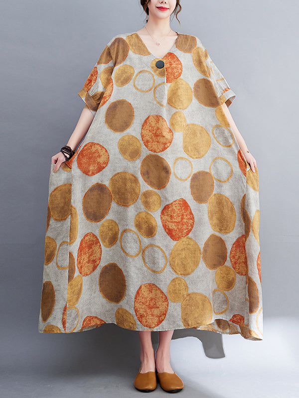 Original Artistic Retro Polka-Dot Ramie Cotton Midi Dress