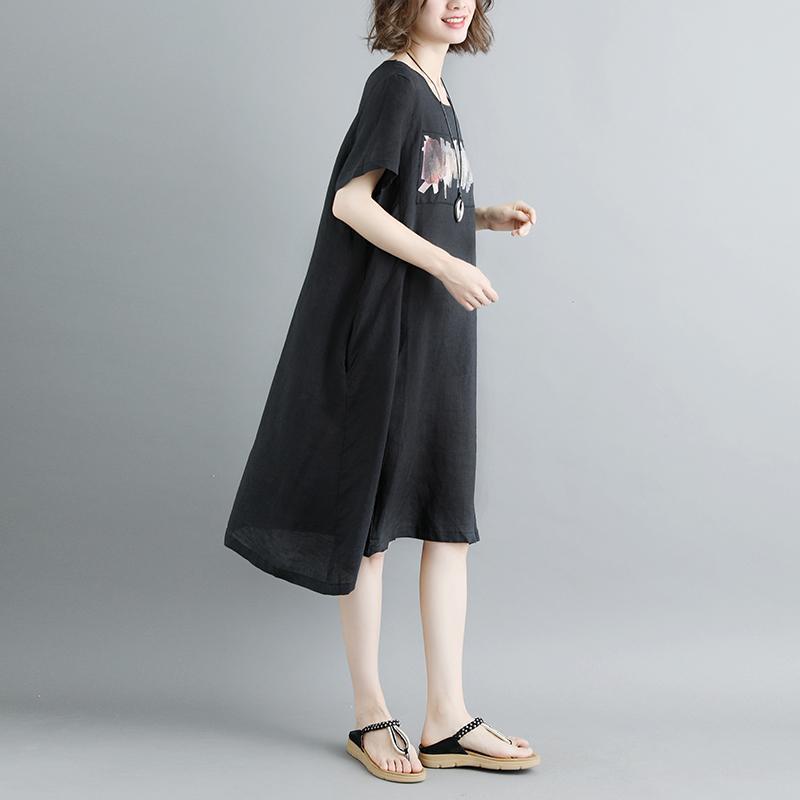 Casual Summer Short Sleeve Black Pockets Slit Dress