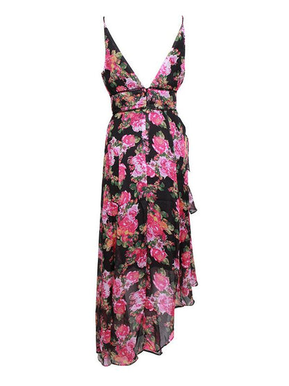V-neck Irregular Bottom Floral Printed Midi Dress