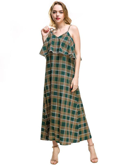 Printed Falbala Spaghetti-neck Maxi Dress