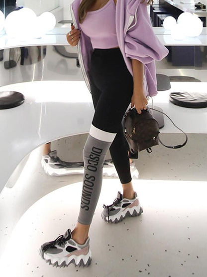 Wrap Letters Printed Contrast Color Leggings
