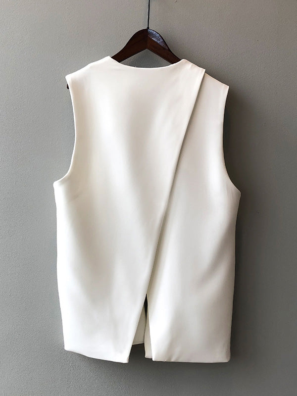 Urban Solid Color Split-Joint With Pocket Split-Back V-Neck Sleeveless Vest Outwear