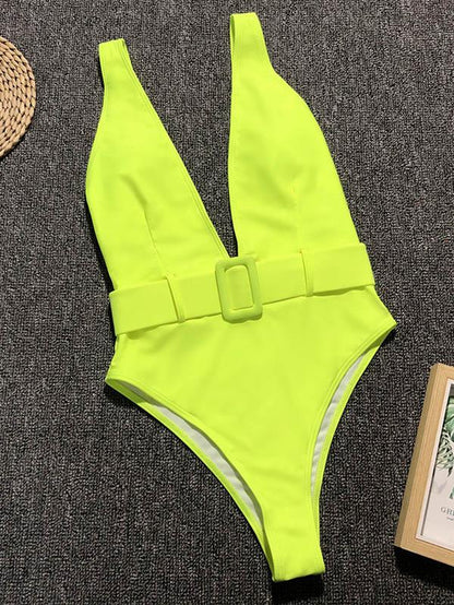Belt Buckle Plain One Piece Swimsuit