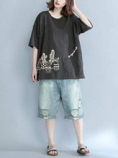 Loose Oversize Printed Plant T-Shirt