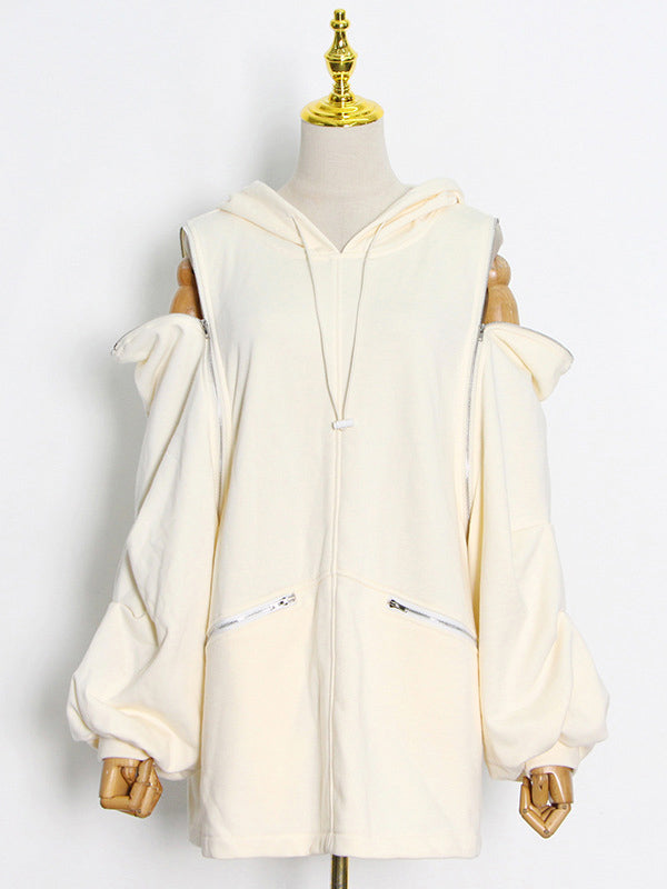 Fashion Solid Color Split-Joint Cold Shoulder Hoodies Top