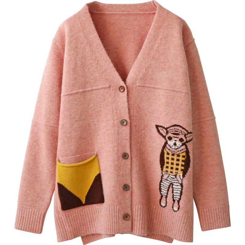Buykud Cartoon Animal Embroidery Casual Sweater Coat