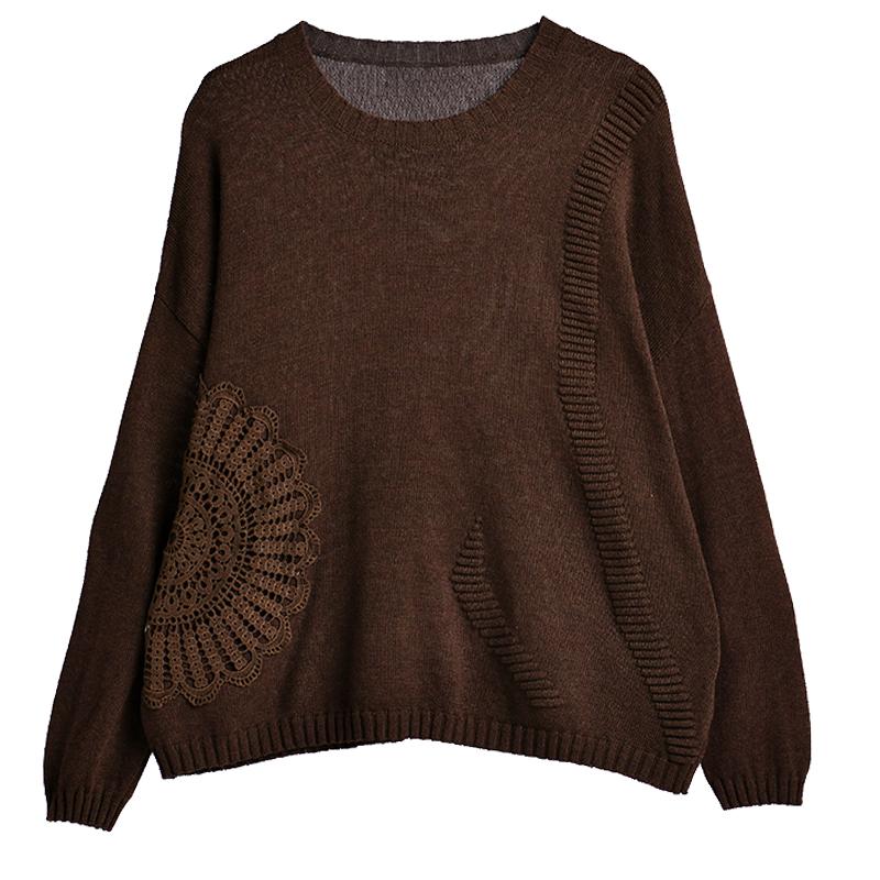 Buykud Retro Woven Sunflower Round Neck Knit Shirt