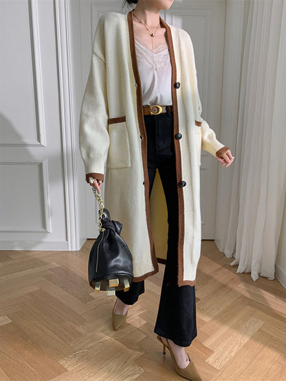 Stylish Loose Long Sleeves Split-Joint V-Neck With Pockets Cardigan Tops