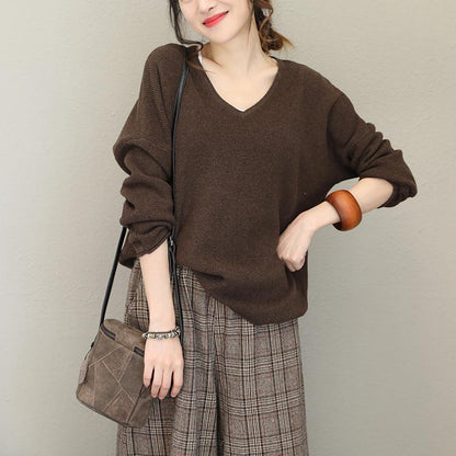 Buykud V-Neck Loose Curling Literary Casual Sweater