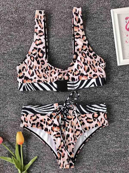 Leopard Print Plug Bandage Split Bikini Swimsuit